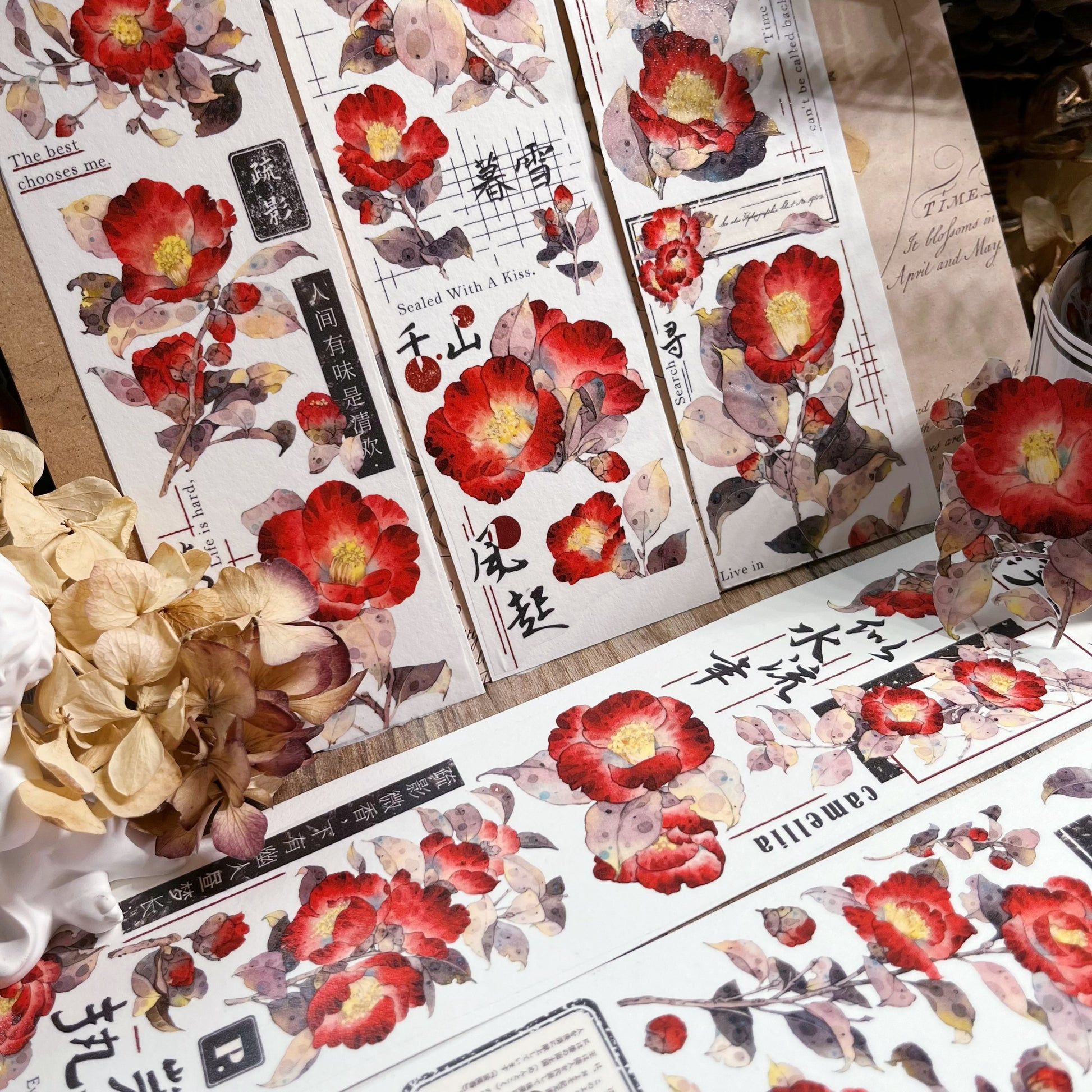 Vintage Camellia Red Flower Tape | Beautiful washi tape For bujo & scrapbooking