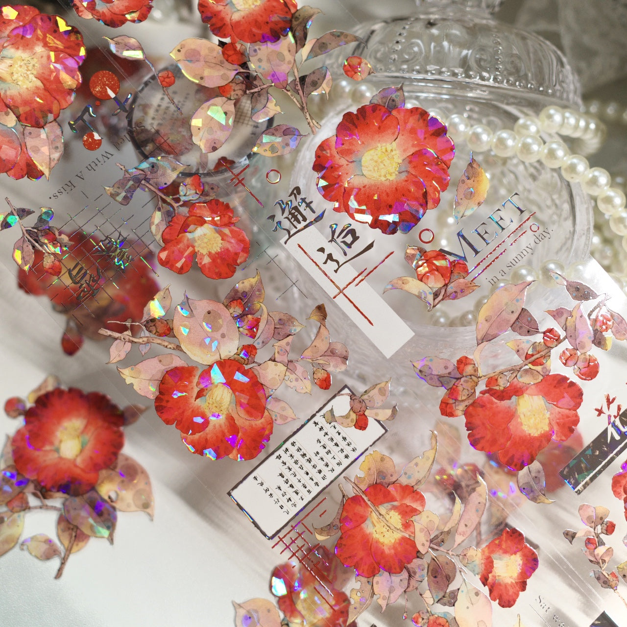 Vintage Camellia Red Flower Tape | Beautiful washi tape For bujo & scrapbooking