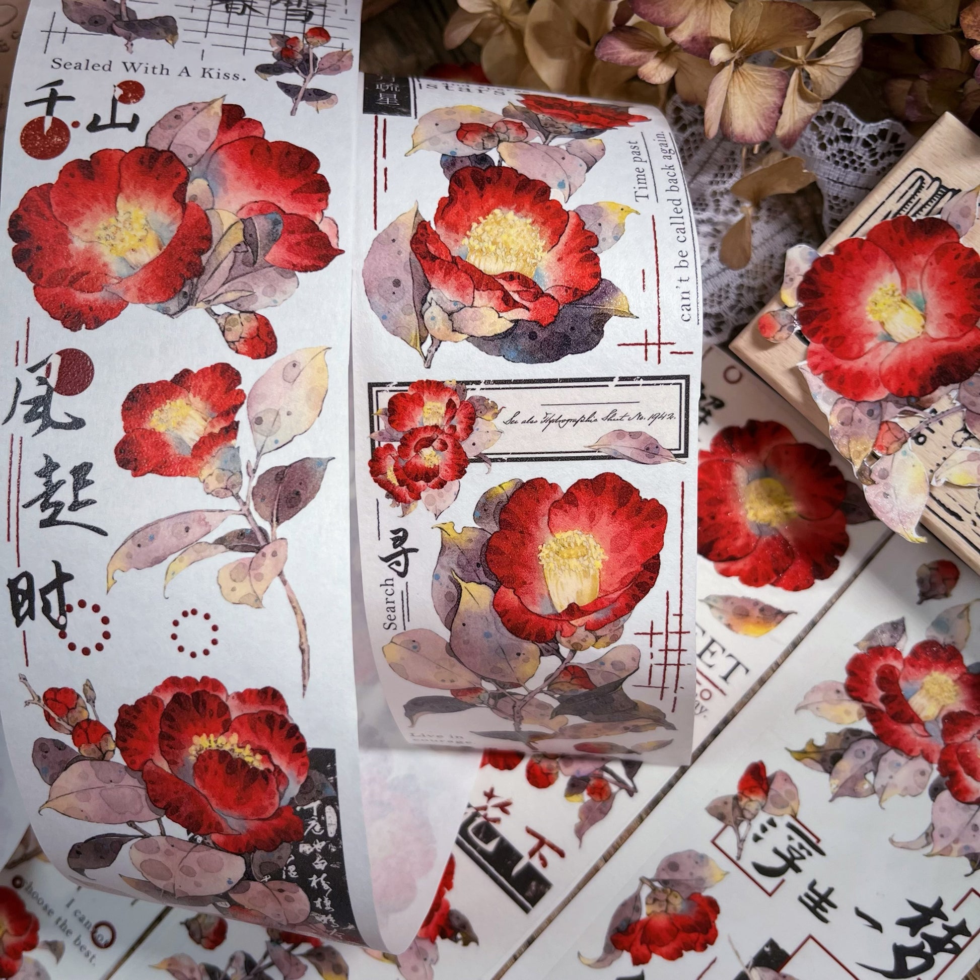 Vintage Camellia Red Flower Tape | Beautiful washi tape For bujo & scrapbooking