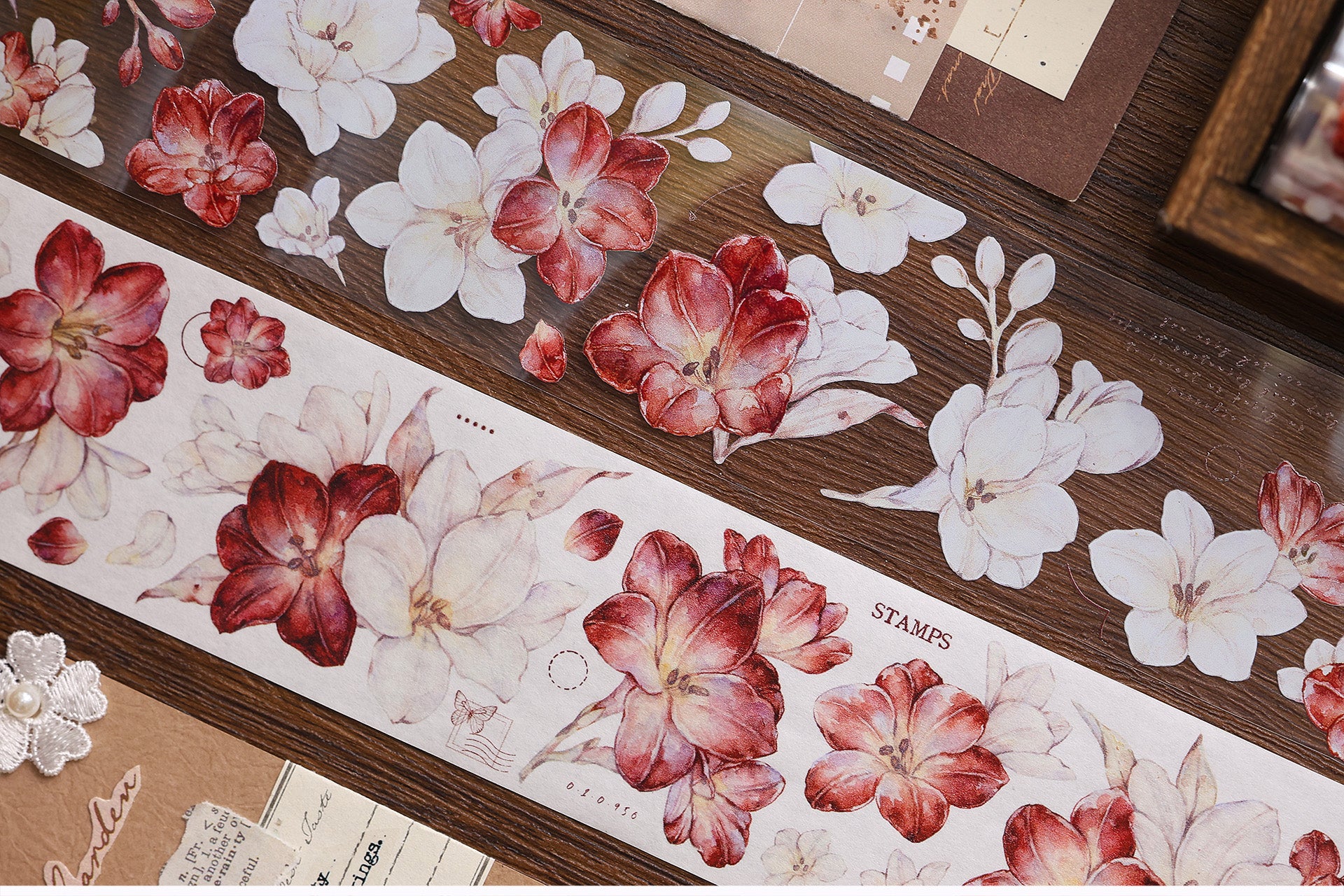 Red and White Freesia Flowers PET / Washi Tape