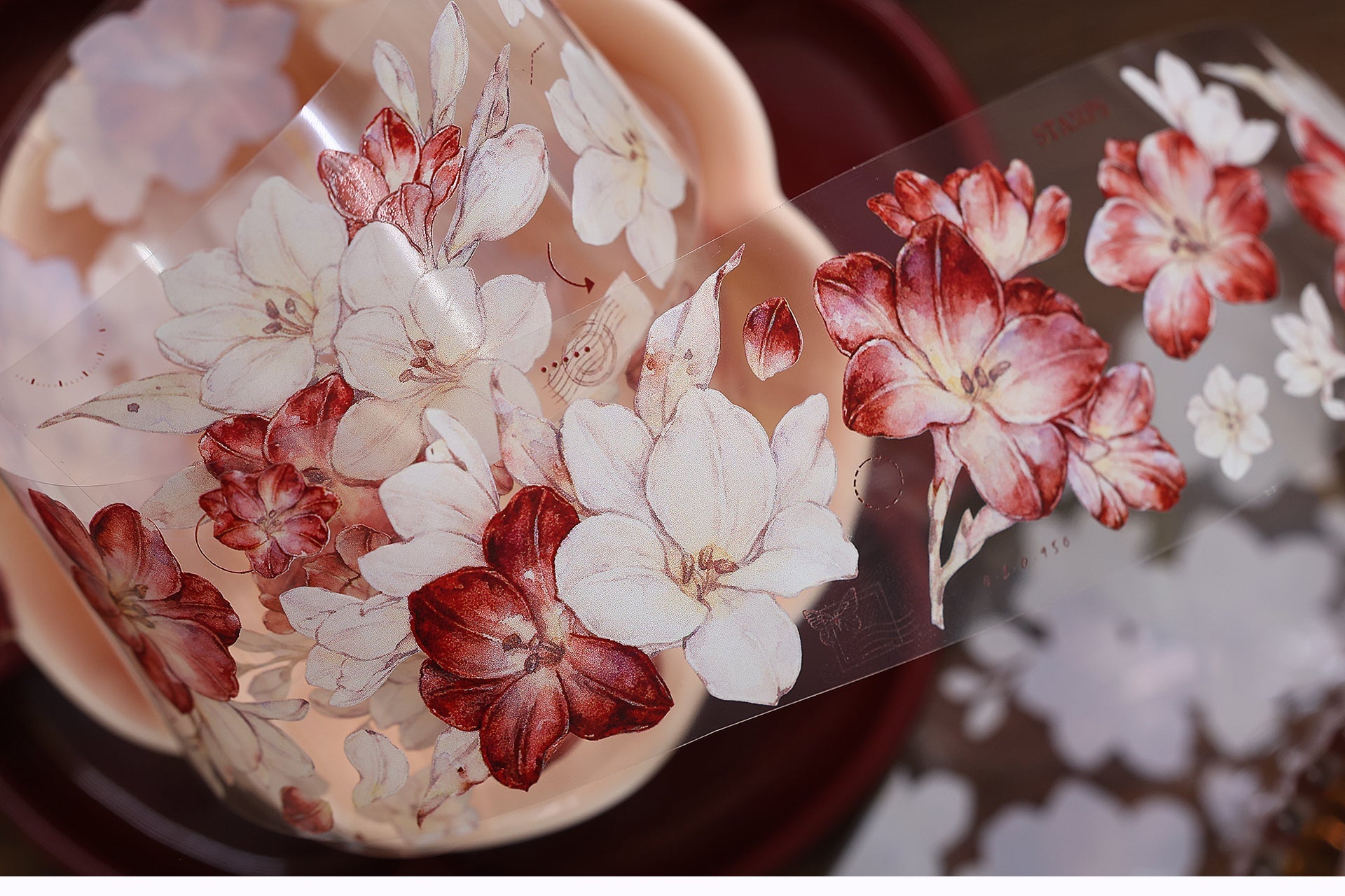 Red and White Freesia Flowers PET/Washi Tape (5cm * 100cm)