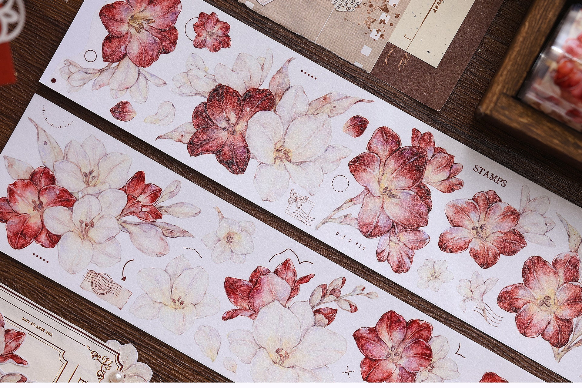 Red and White Freesia Flowers PET/Washi Tape (5cm * 100cm)