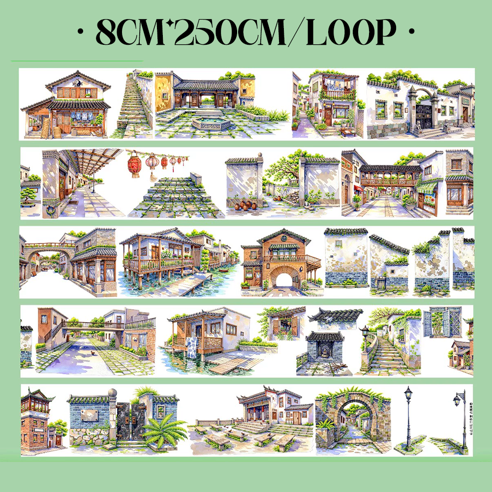 【SZCX】Chinese Ancient Town Landscape PET Tape For Scrapbooking and Journaling