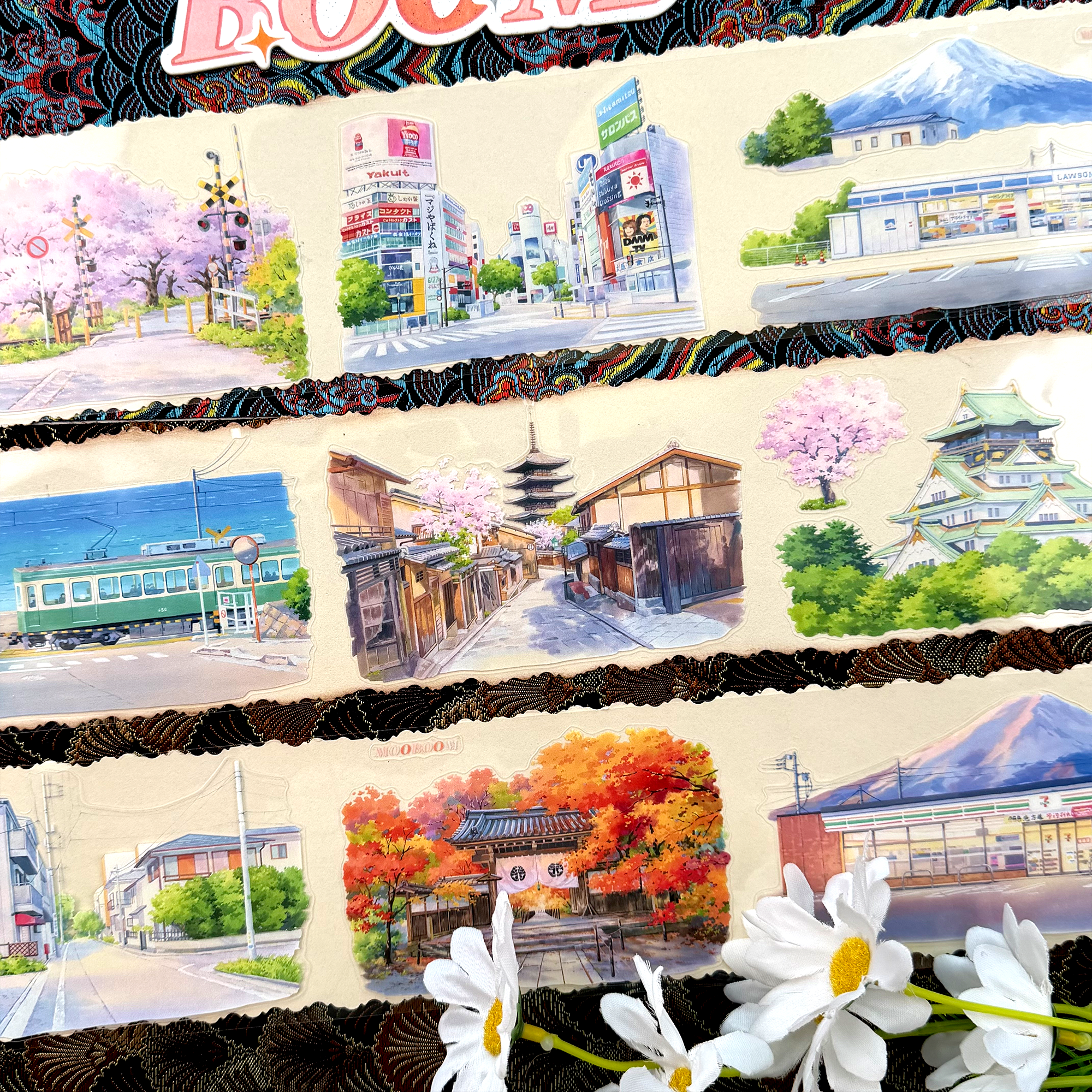 【MOOBOOM】Memories of Japan City Buildings Crystal Foil Pre-cut PET Landscape Tape