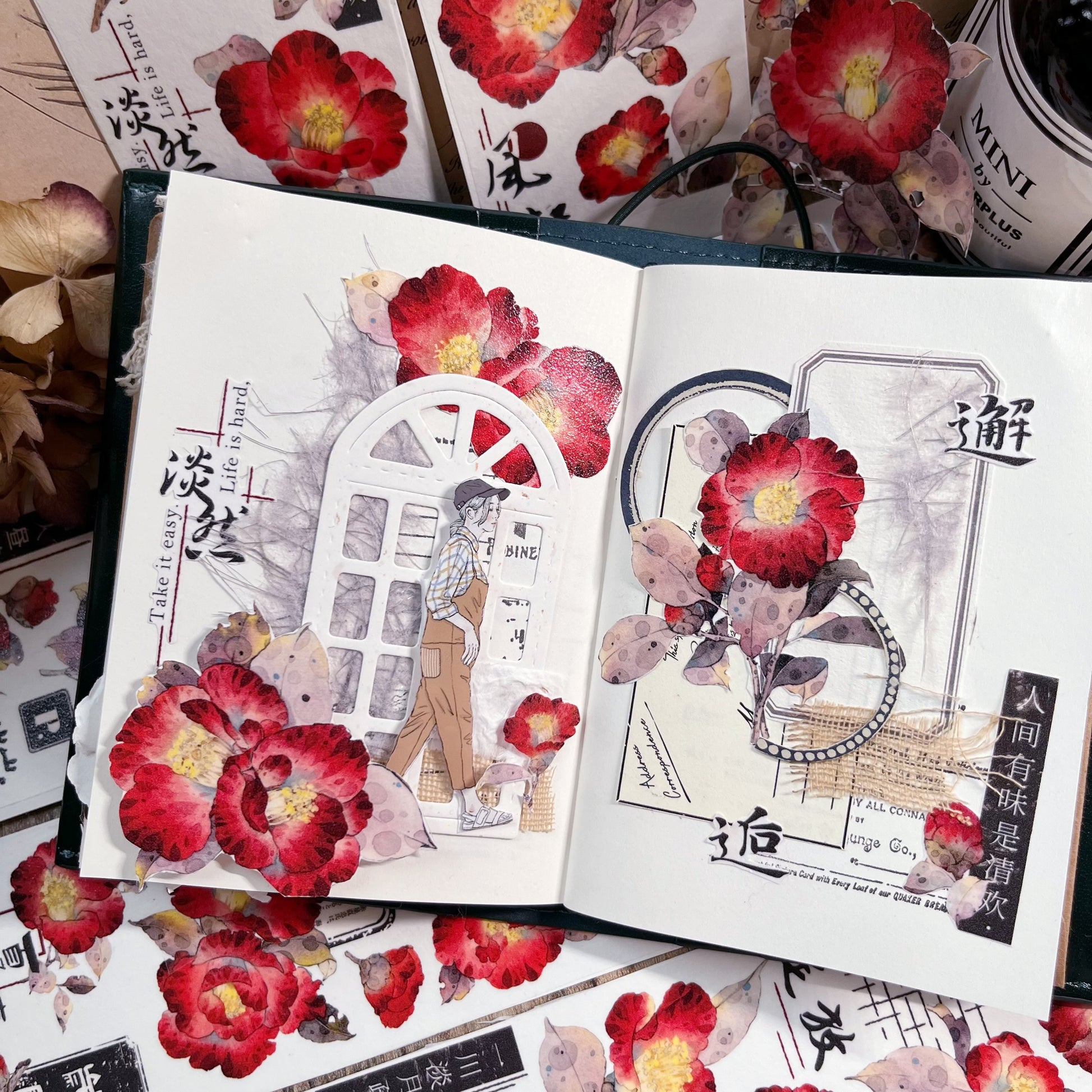 Vintage Camellia Red Flower Tape | Beautiful washi tape For bujo & scrapbooking