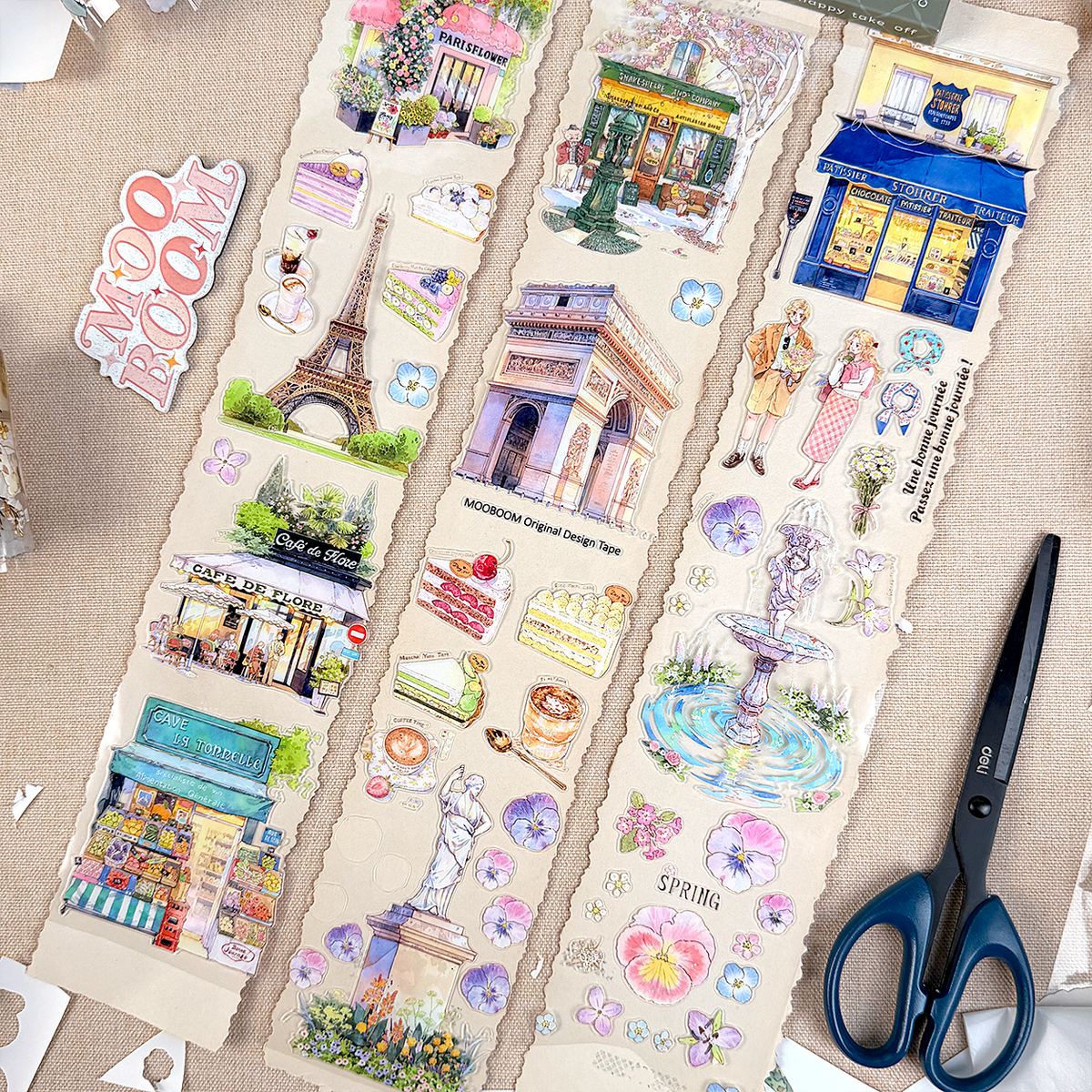 MOOBOOM French Lifestyle 8 cm pre-cut PET tape roll for journaling and scrapbooking
