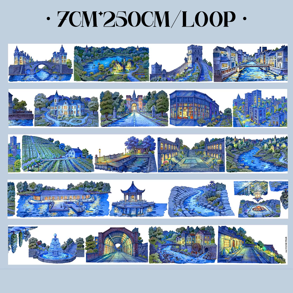 【SZCX】Moonlit Castle Landscape PET Tape Scrapbooking and Journaling