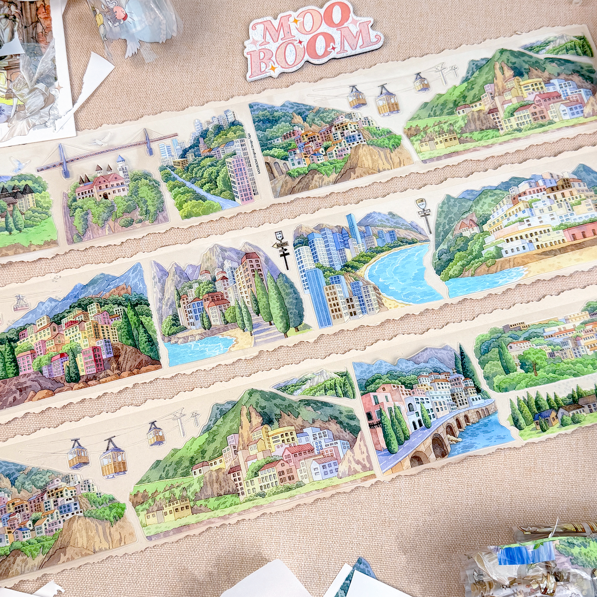 MOOBOOM City in the Mountains 7 cm wide pre-cut landscape PET tape roll for scrapbooking