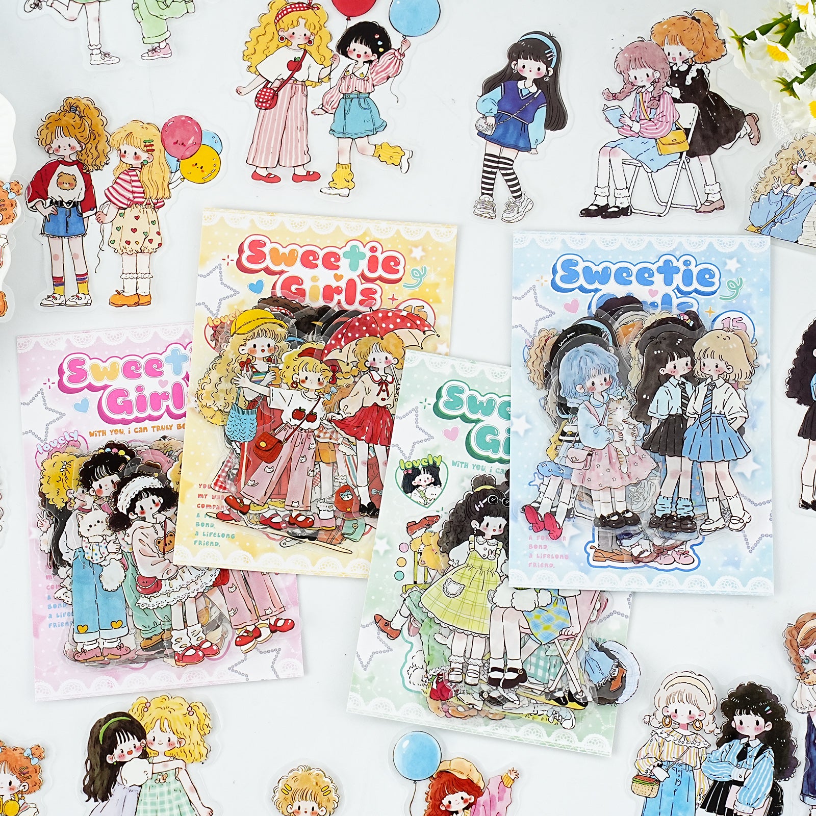 Cute girl PET sticker pack with 17 pieces in 6 styles