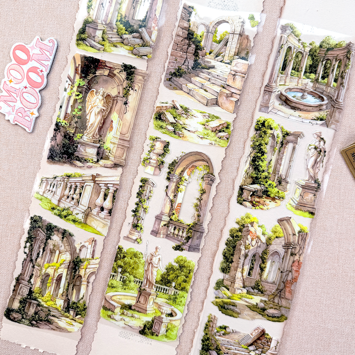 Pre-cut ancient ruins PET tape strips showing Greek and Roman-inspired architecture for journaling and scrapbooking