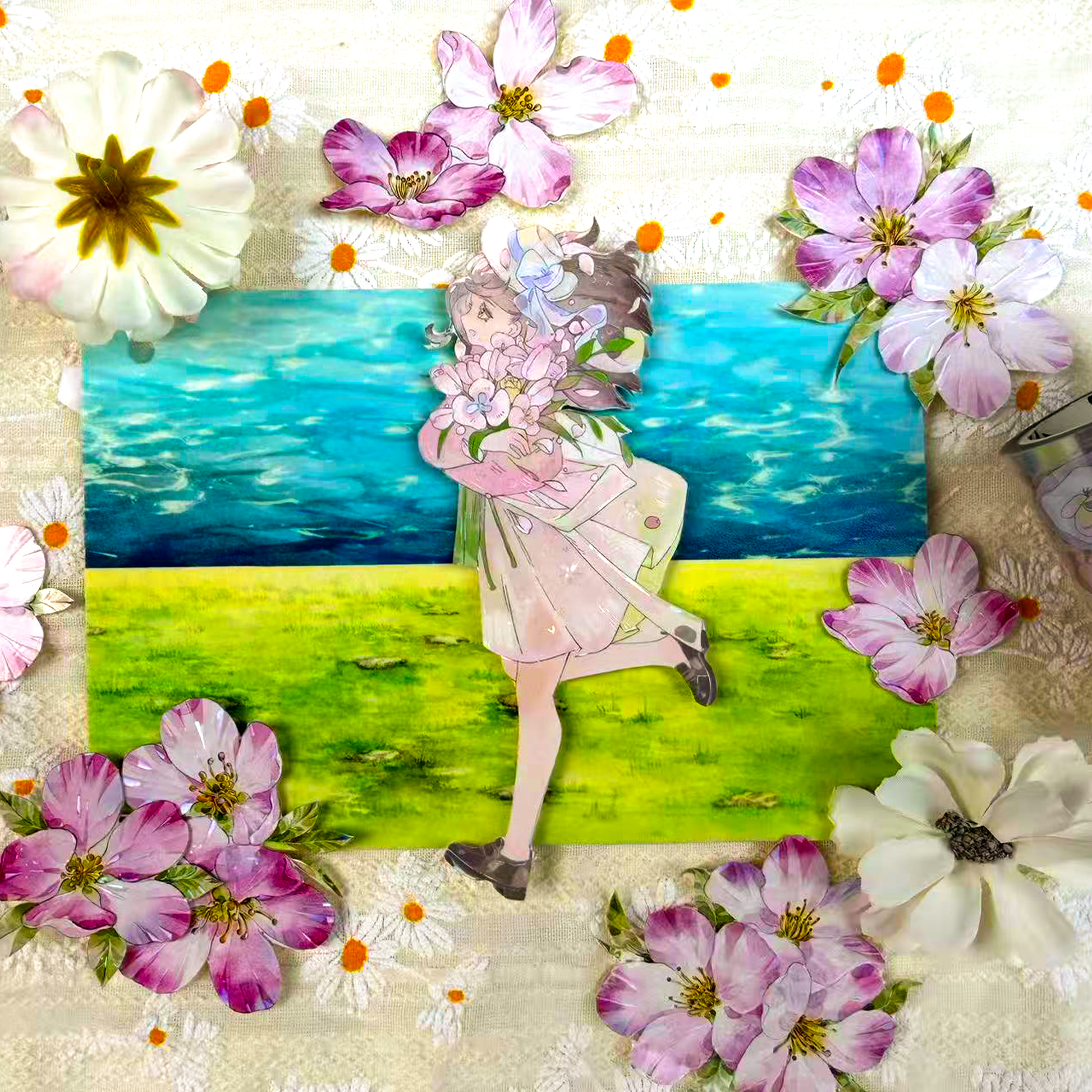 MOOBOOM Bouquet Girl floral tape paired with journal stickers and pens for aesthetic planner layout