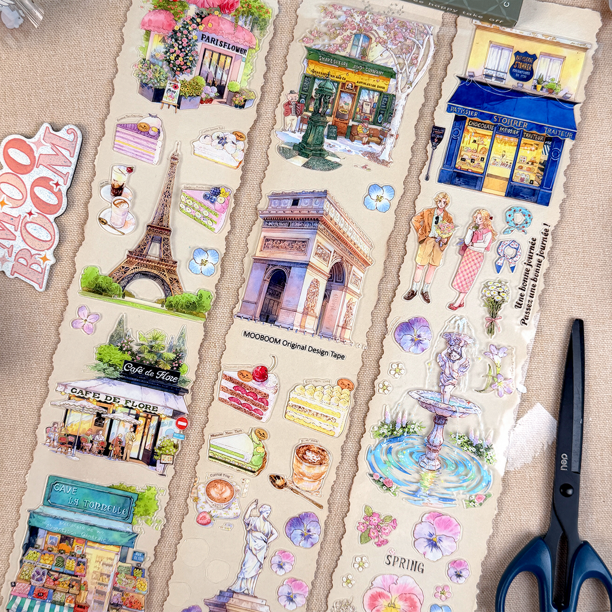 MOOBOOM French Lifestyle 8 cm pre-cut PET tape roll for journaling and scrapbooking