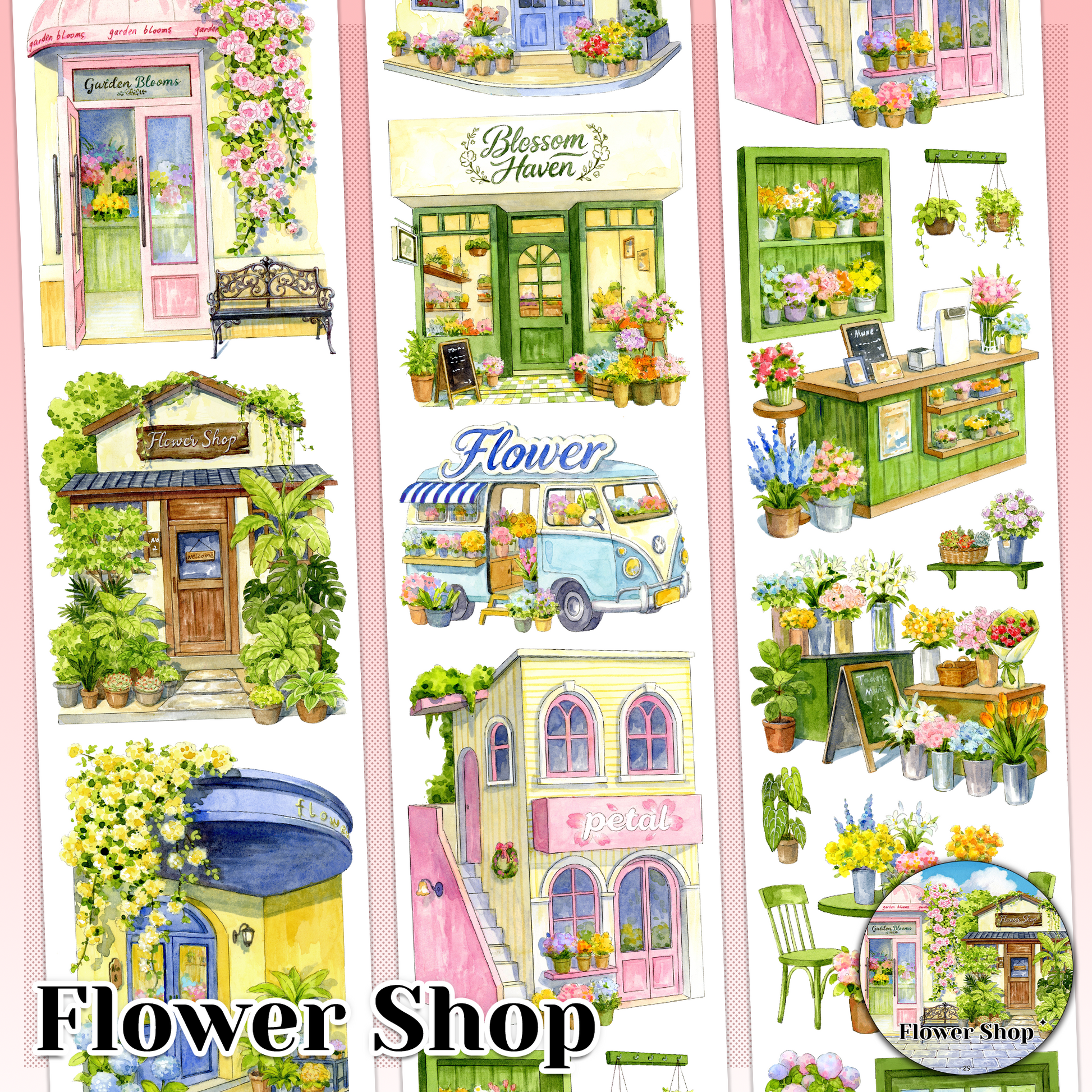 MOOBOOM Flower Shop pre-cut landscape PET tape for journaling