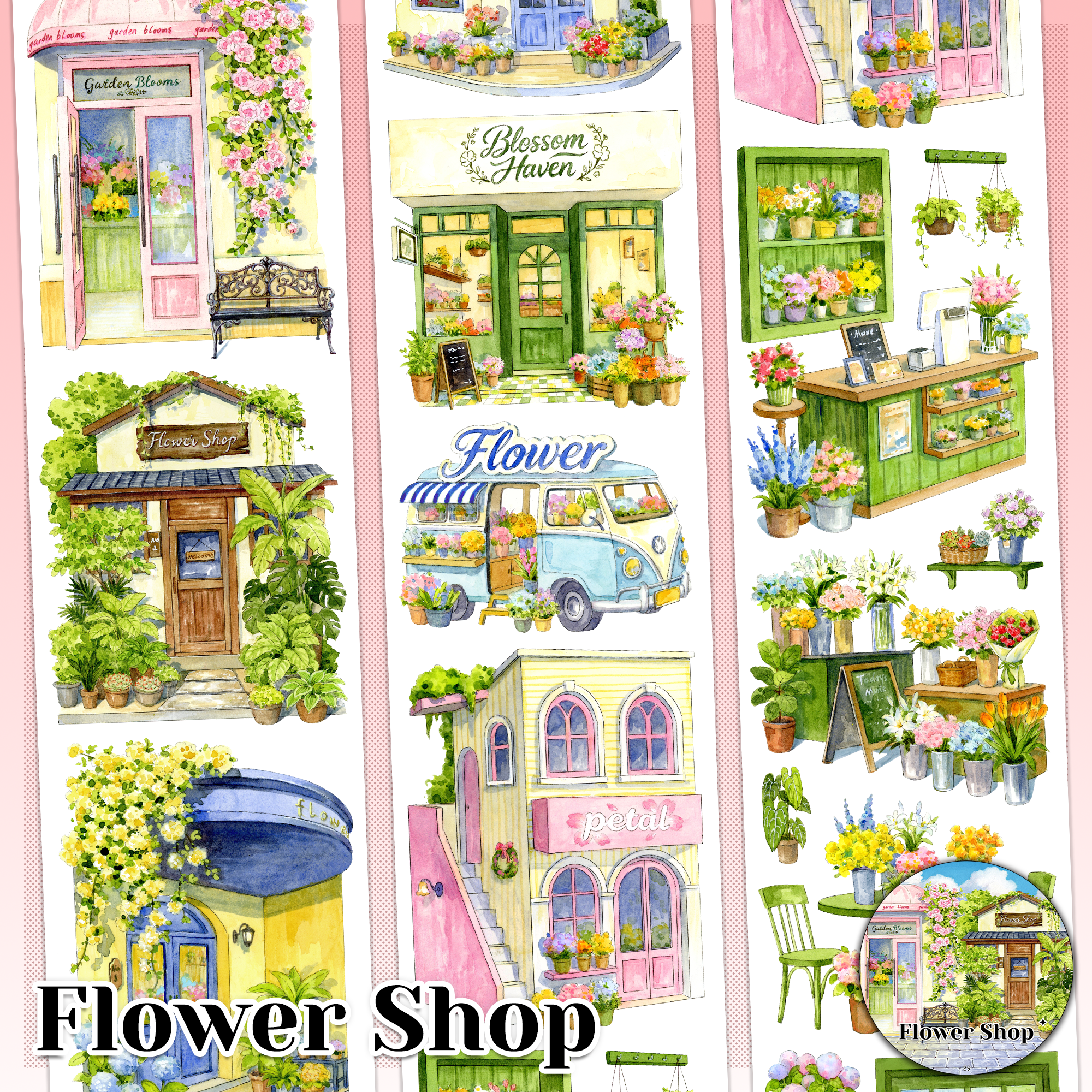 MOOBOOM Flower Shop pre-cut landscape PET tape for journaling