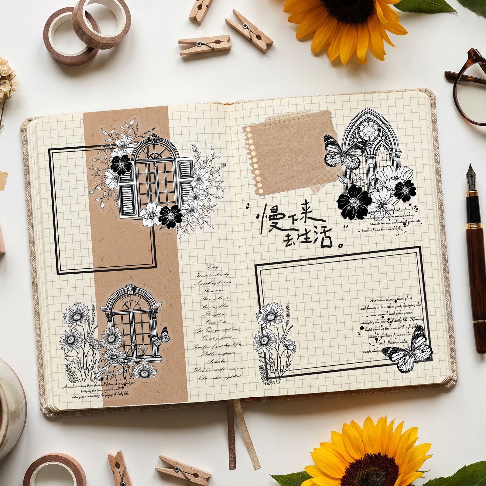 Ink-Blue Flower Traces Sticker For Scrapbooking and Journaling | MOOBOOM
