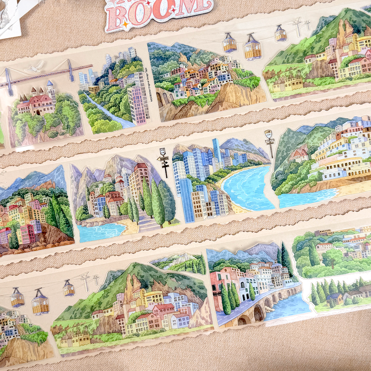 MOOBOOM City in the Mountains 7 cm wide pre-cut landscape PET tape roll for scrapbooking
