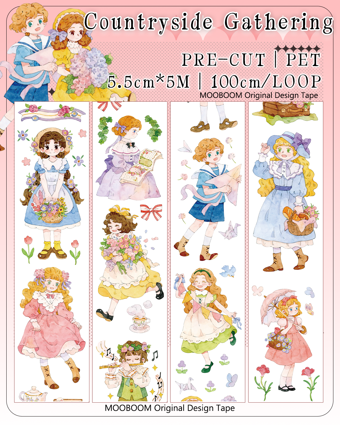 MOOBOOM Countryside Gathering pre-cut PET tape, 5.5cm x 5m, 100cm per loop