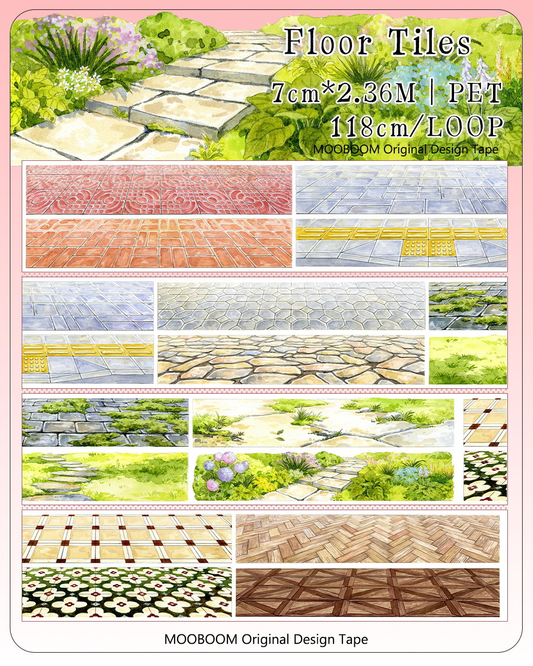 MOOBOOM Floor Tiles pre-cut PET tape, 7cm x 2.36m, 118cm per loop, with assorted floor and pathway designs