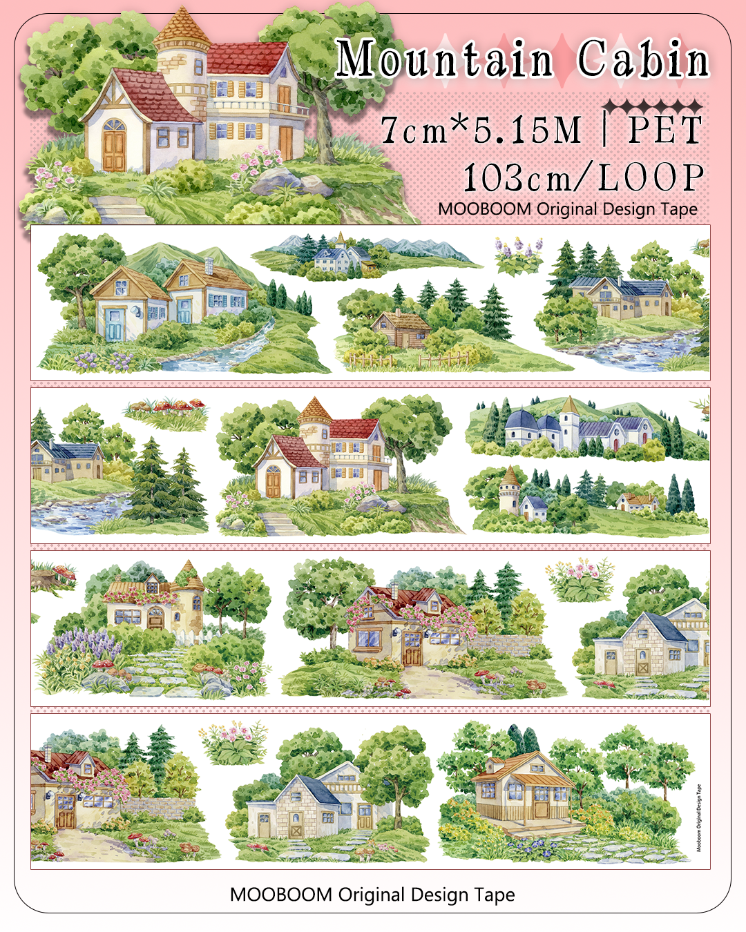 MOOBOOM Mountain Cabin pre-cut PET tape, 7cm x 5.15m, 103cm per loop, with watercolor countryside cabin scenes