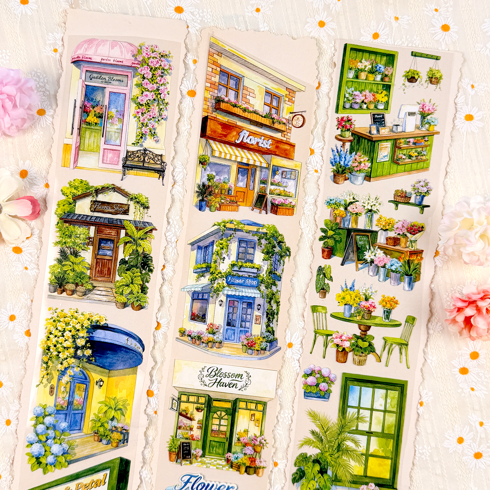 Pre-cut flower shop PET tape detail for creative journaling pages
