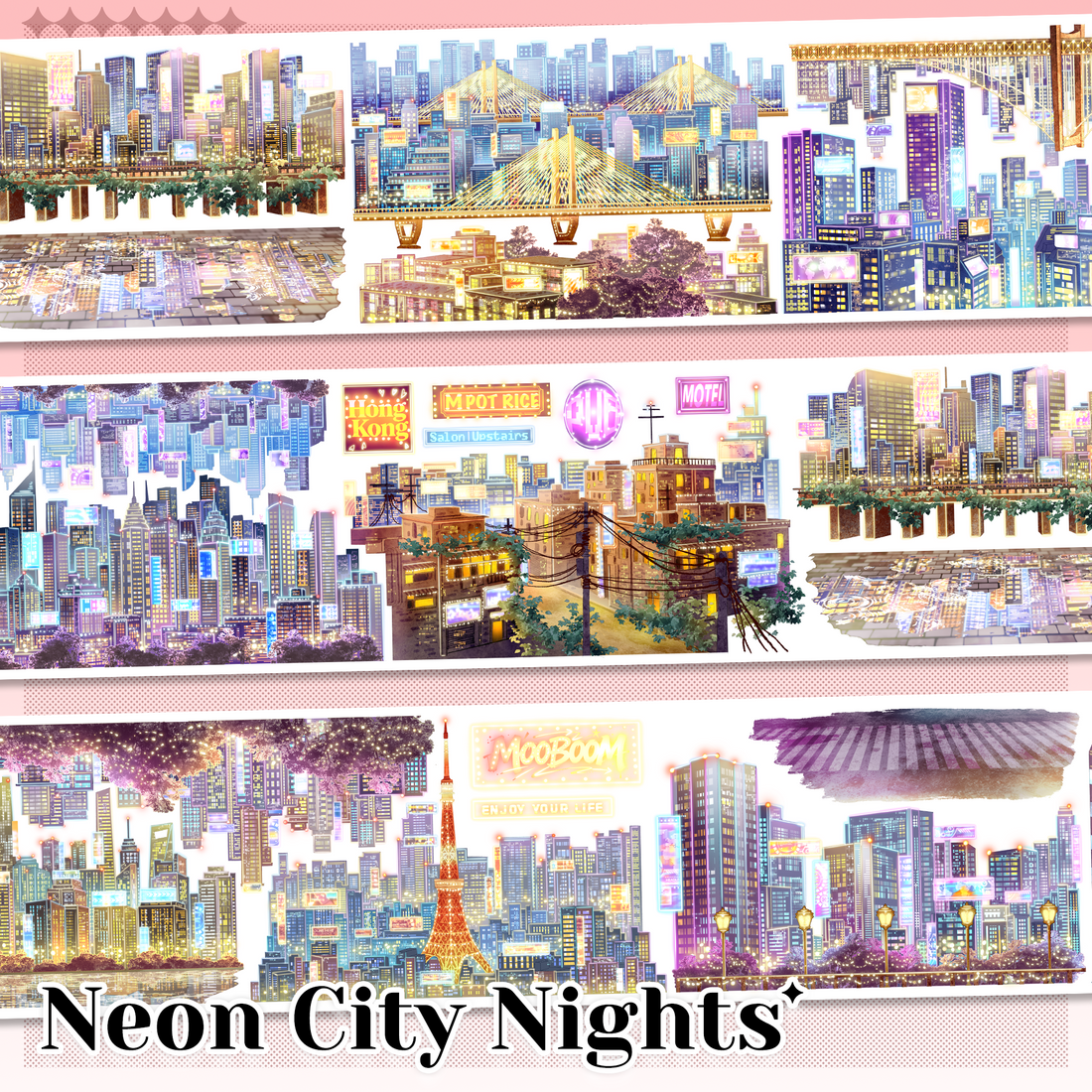 Neon City Nights cityscape PET tape with colorful skylines, bridges, towers and glowing urban lights