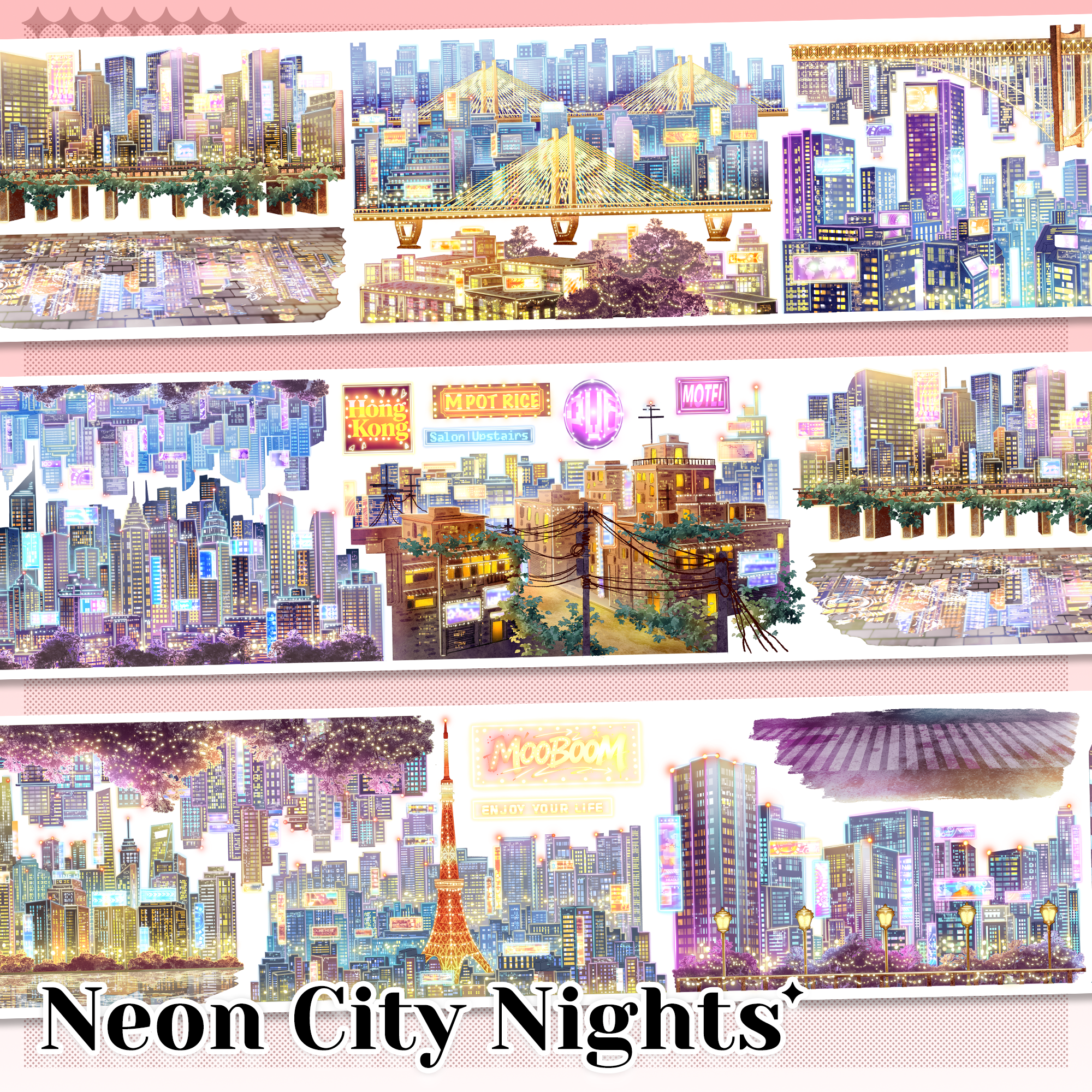 Neon City Nights cityscape PET tape with colorful skylines, bridges, towers and glowing urban lights