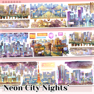 Neon City Nights cityscape PET tape with colorful skylines, bridges, towers and glowing urban lights