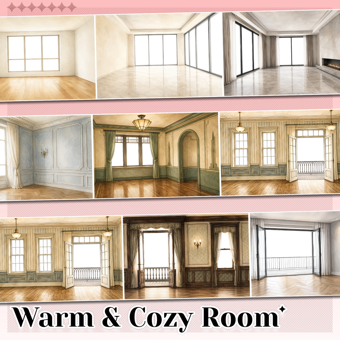 Warm & Cozy Room indoor scene PET tape with watercolor-style interiors, windows, curtains, fireplaces and wood floors