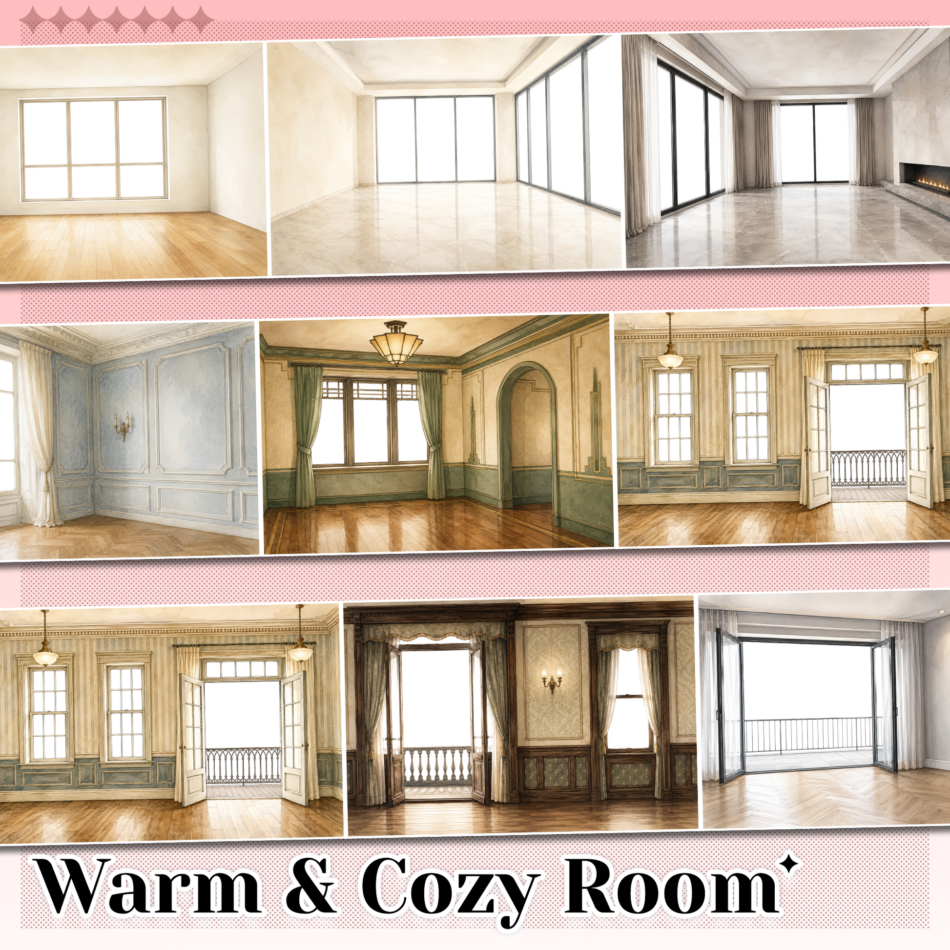 Warm & Cozy Room indoor scene PET tape with watercolor-style interiors, windows, curtains, fireplaces and wood floors