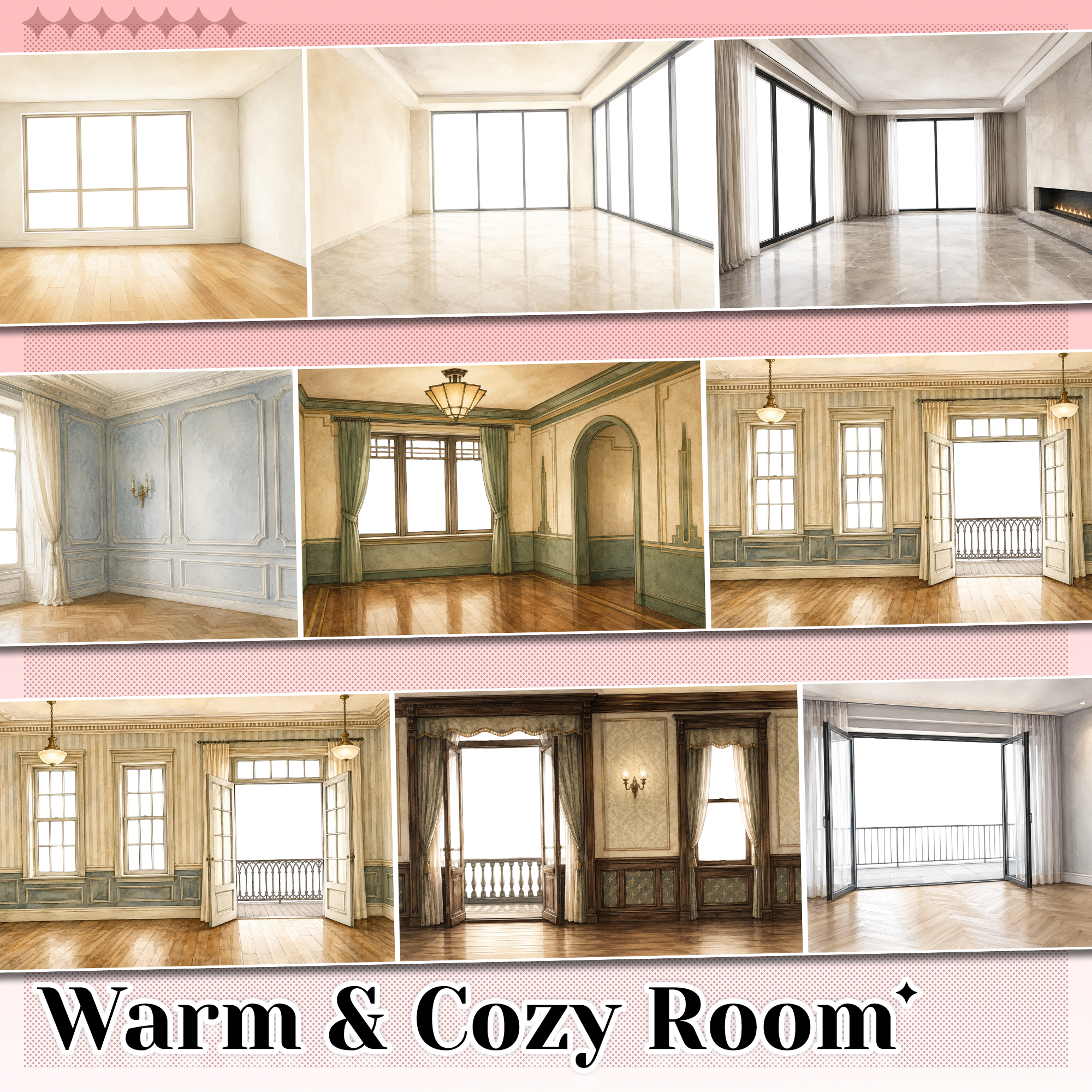 Warm & Cozy Room indoor scene PET tape with watercolor-style interiors, windows, curtains, fireplaces and wood floors