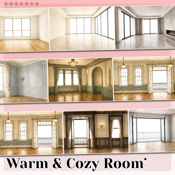 Warm & Cozy Room indoor scene PET tape with watercolor-style interiors, windows, curtains, fireplaces and wood floors