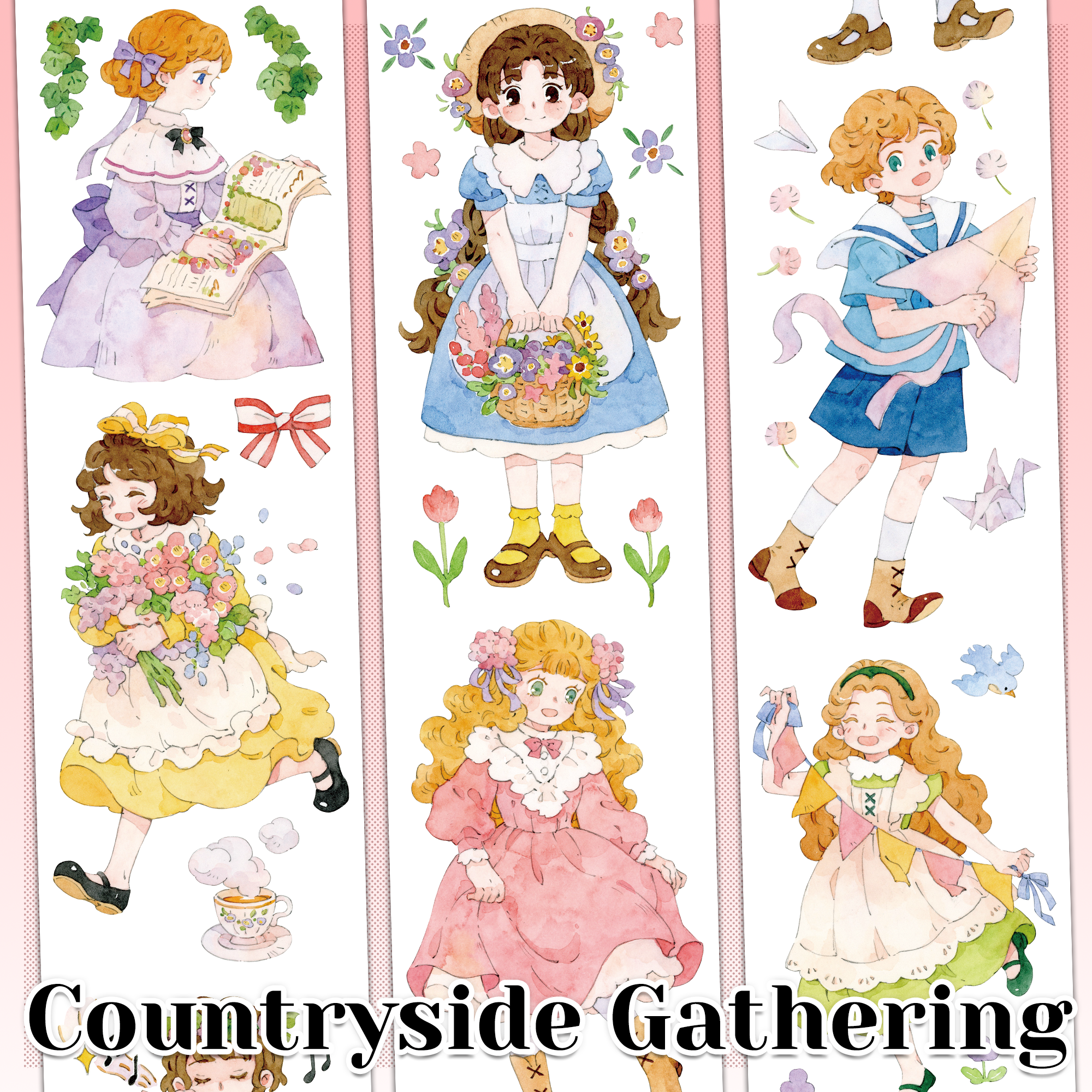 Countryside Gathering watercolor character pre-cut PET tape with cute girls, flowers, tea, and picnic details
