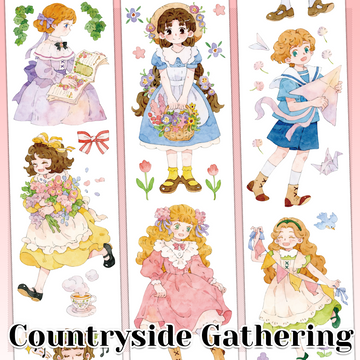 Countryside Gathering watercolor character pre-cut PET tape with cute girls, flowers, tea, and picnic details