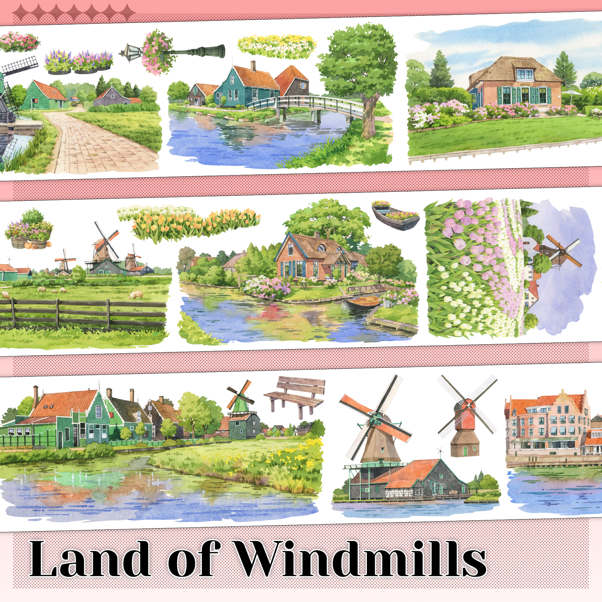 MOOBOOM Dutch windmill textured ink PET landscape tape with flower fields and canals
