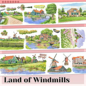 MOOBOOM Dutch windmill textured ink PET landscape tape with flower fields and canals