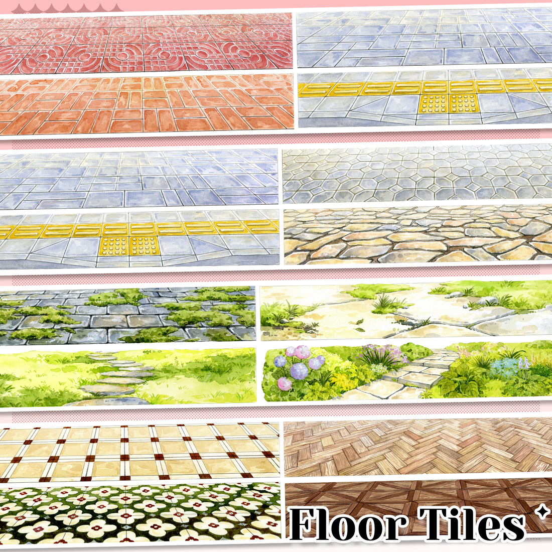 Floor Tiles pre-cut PET landscape tape with brick floors, stone paths, garden walkways and wooden floors