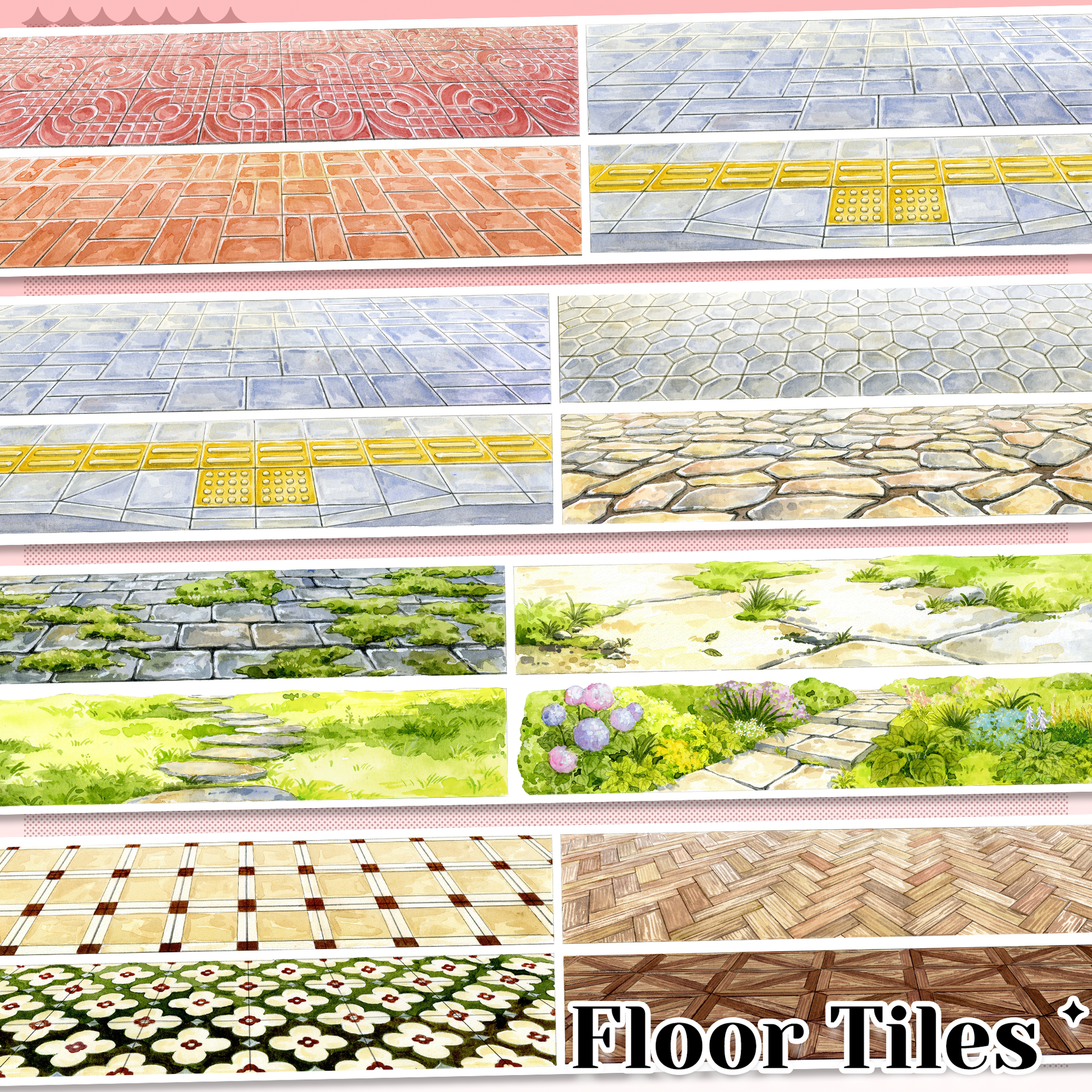 Floor Tiles pre-cut PET landscape tape with brick floors, stone paths, garden walkways and wooden floors