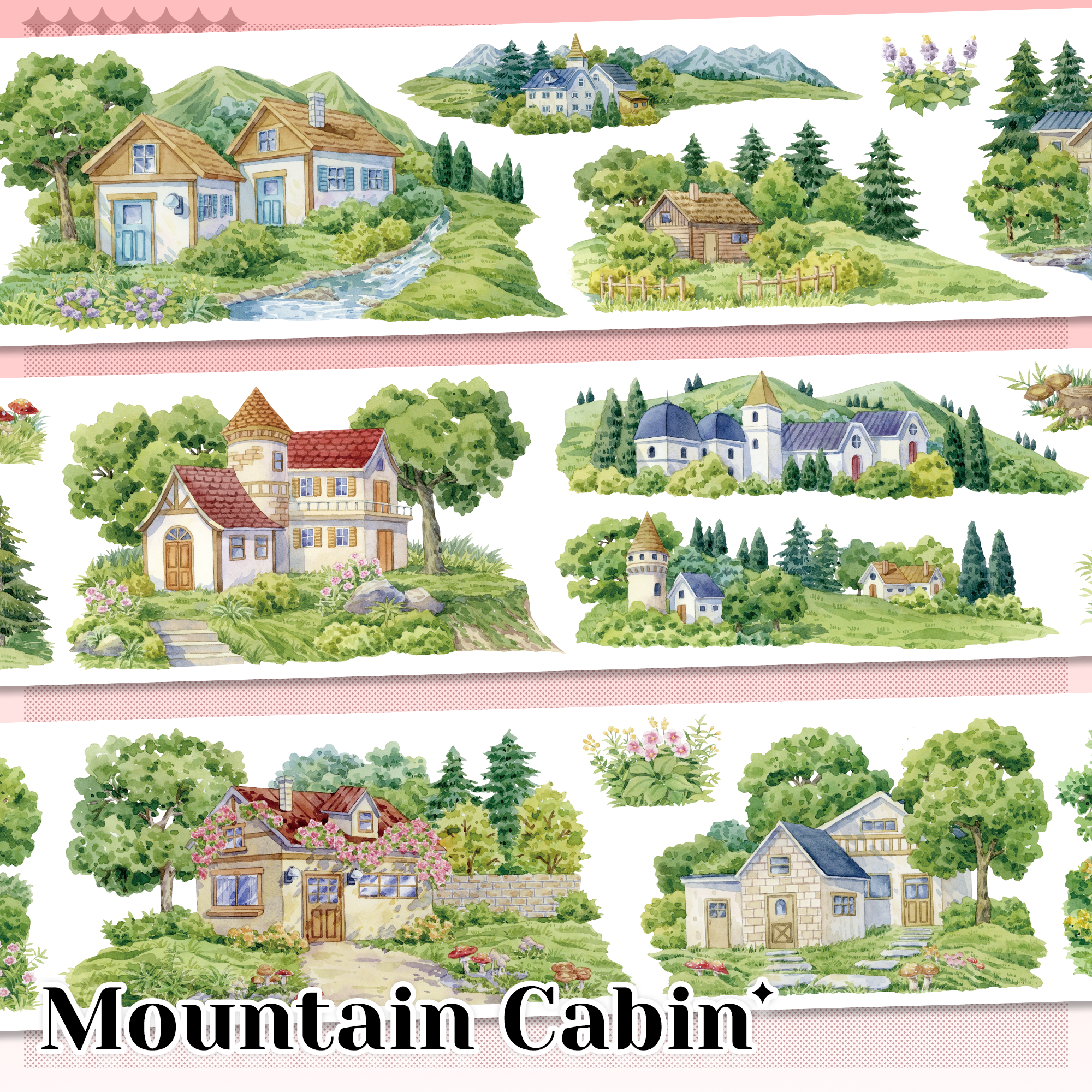 Mountain Cabin watercolor pre-cut PET landscape tape with cottages, forests, mountains, streams and flowers