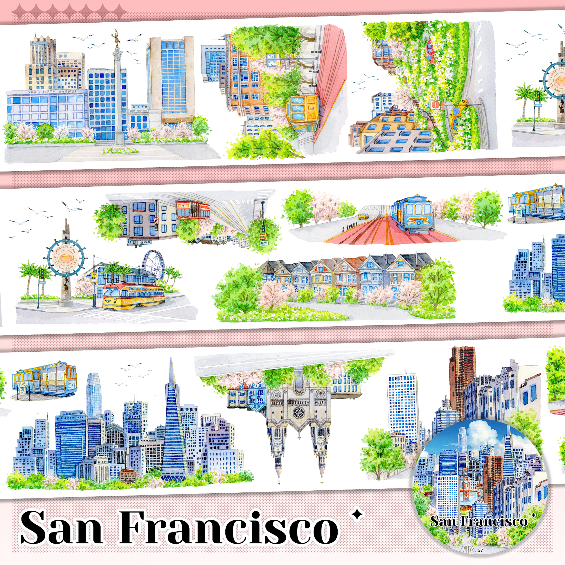 San Francisco city pre-cut PET landscape tape for travel journaling and scrapbooking