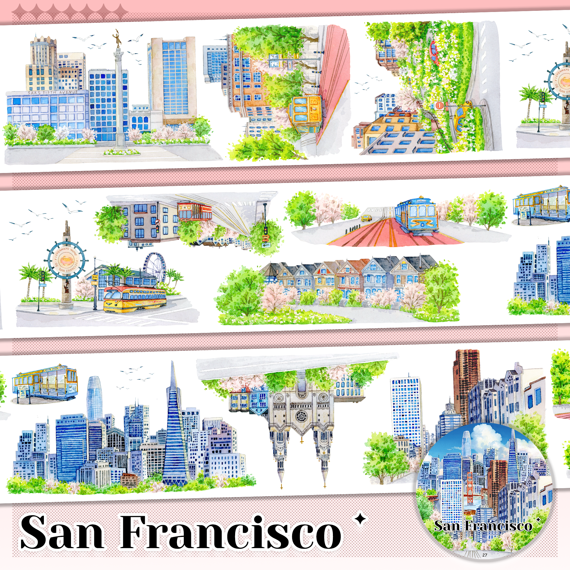San Francisco city pre-cut PET landscape tape for travel journaling and scrapbooking