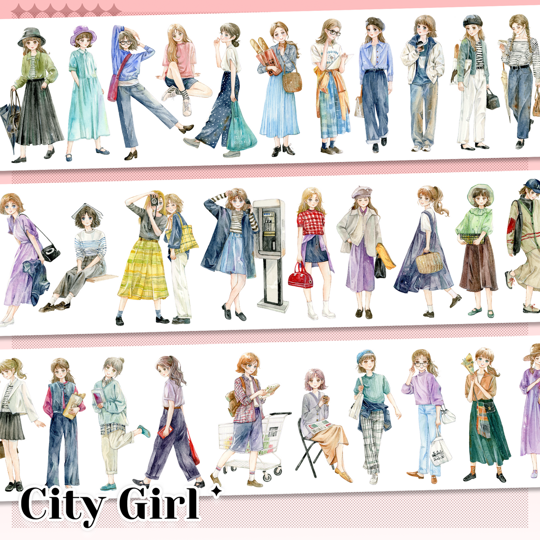 City Girls watercolor pre-cut PET tape with stylish girl characters, dresses, bags, books and daily-life poses