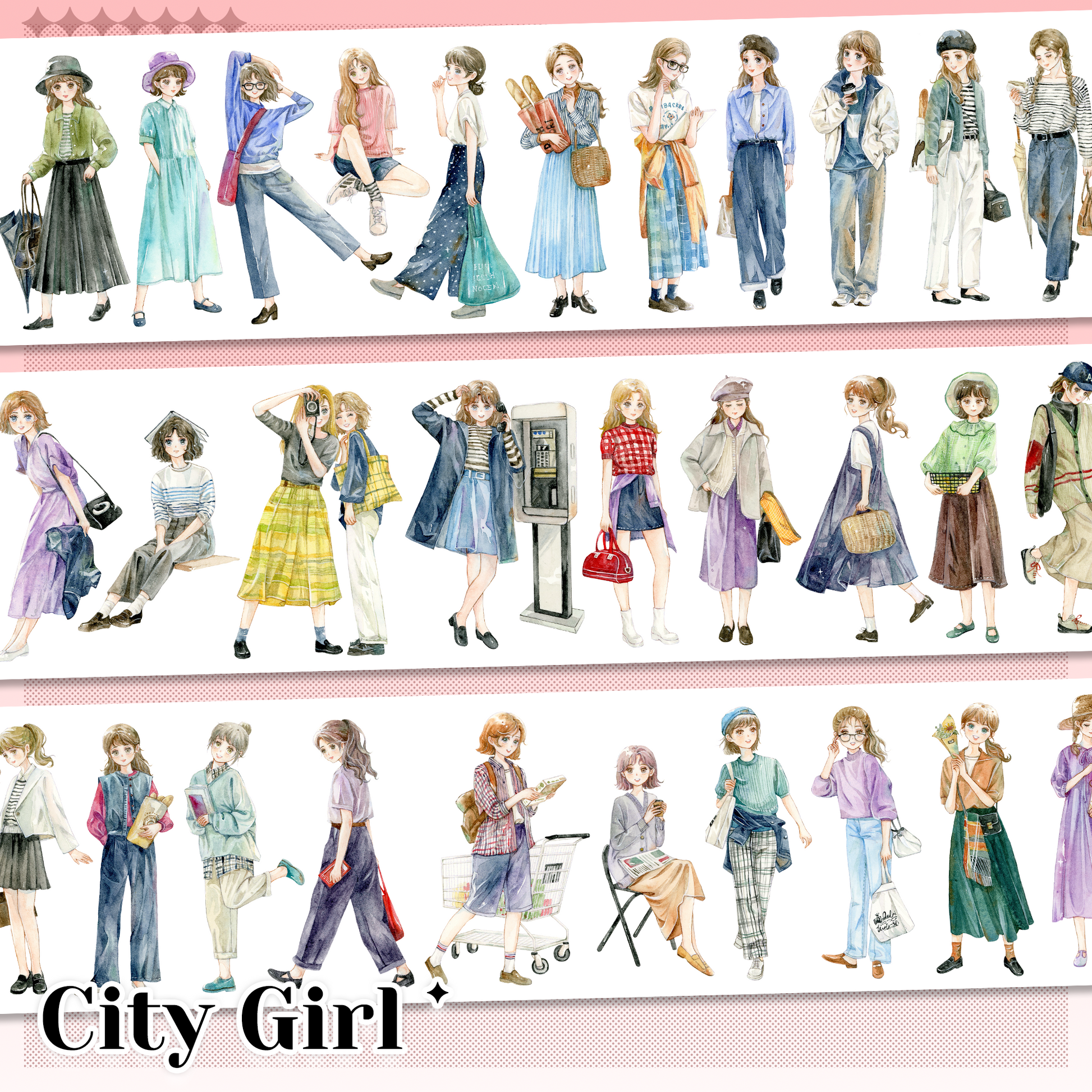 City Girls watercolor pre-cut PET tape with stylish girl characters, dresses, bags, books and daily-life poses