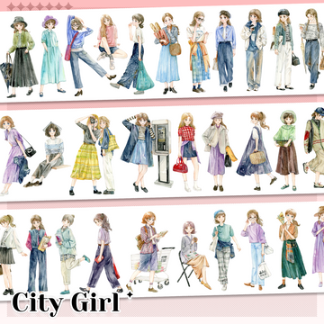 City Girls watercolor pre-cut PET tape with stylish girl characters, dresses, bags, books and daily-life poses