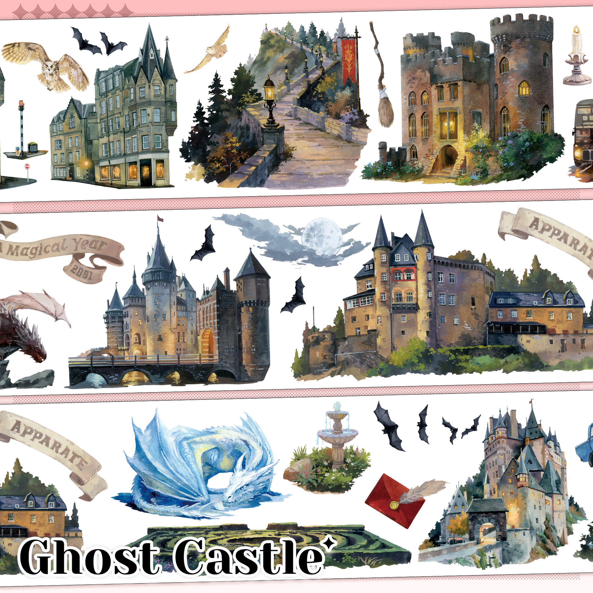 【MOOBOOM】Ghost Castle Pre-cut Landscape PET Tape for Journaling | MOOBOOM