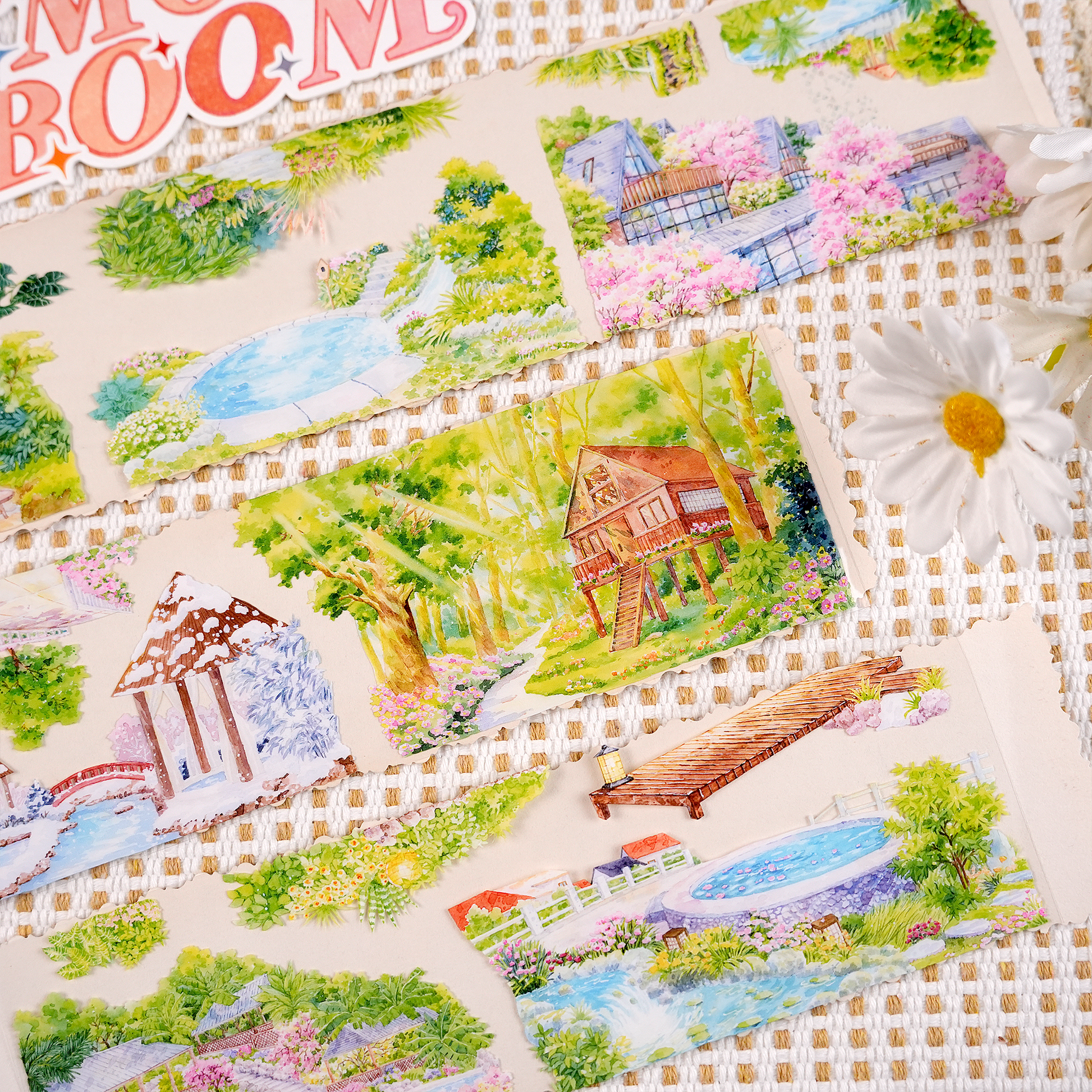 Transparent pre-cut PET landscape tape with cozy hotel scene