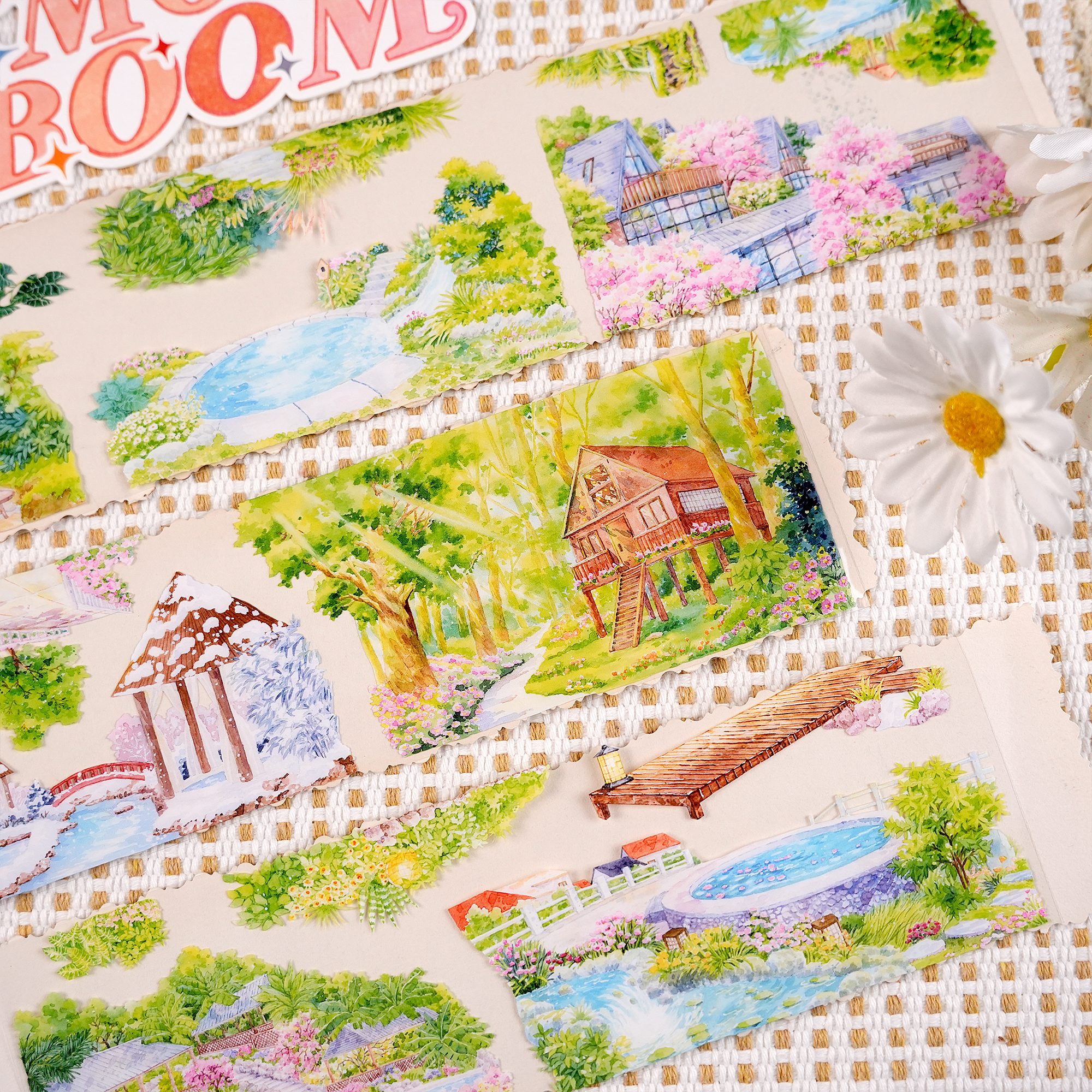 Transparent pre-cut PET landscape tape with cozy hotel scene