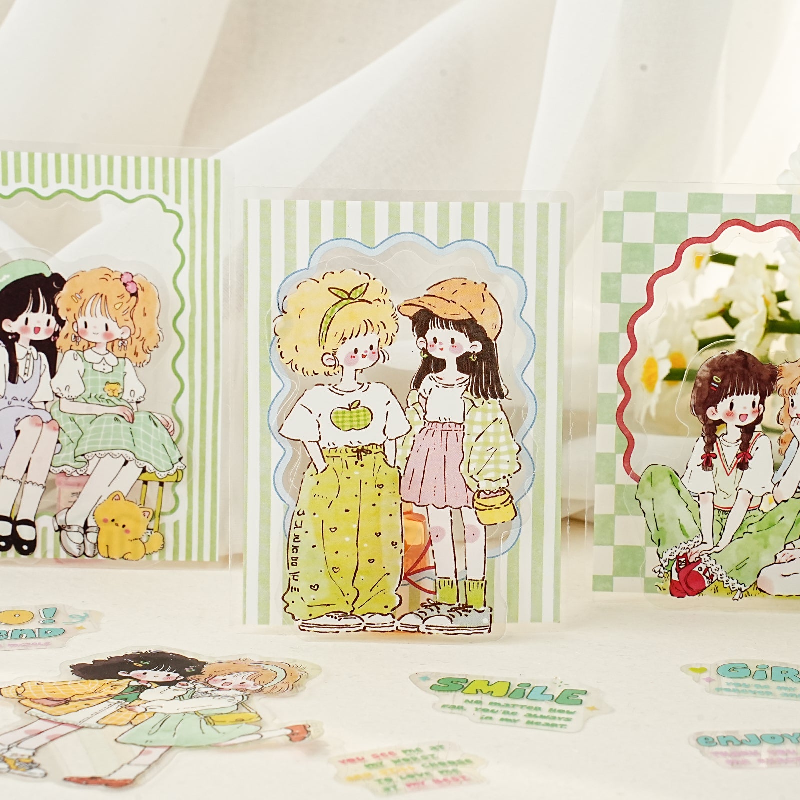 Soft illustrated girl PET sticker for handmade cards and collage