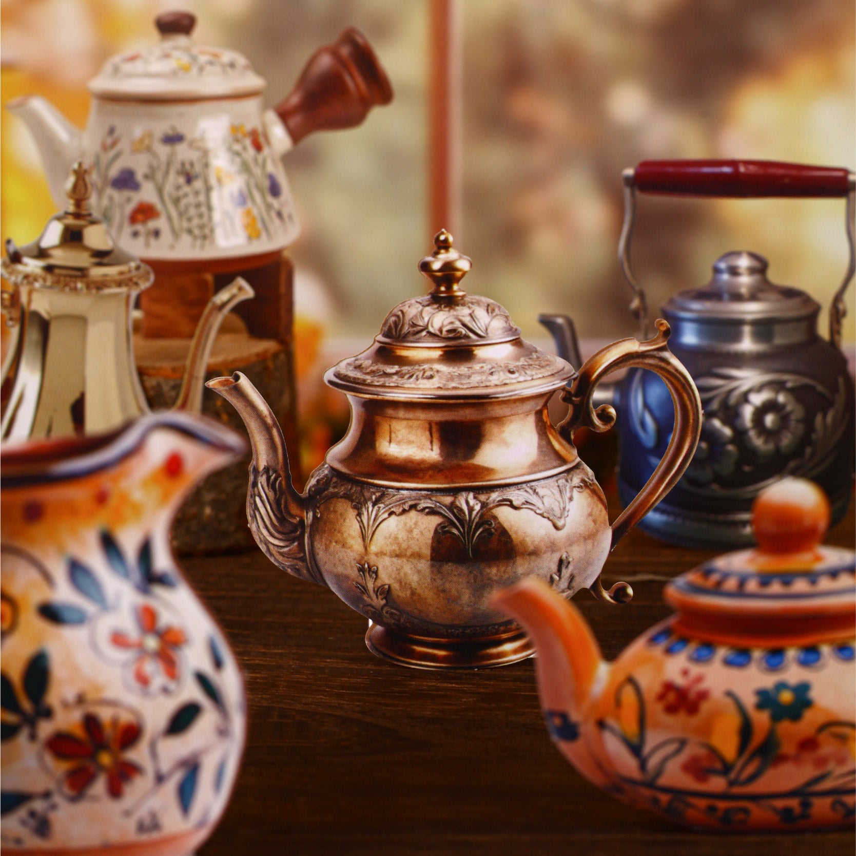 Teapot paper sticker artwork with warm vintage stationery style