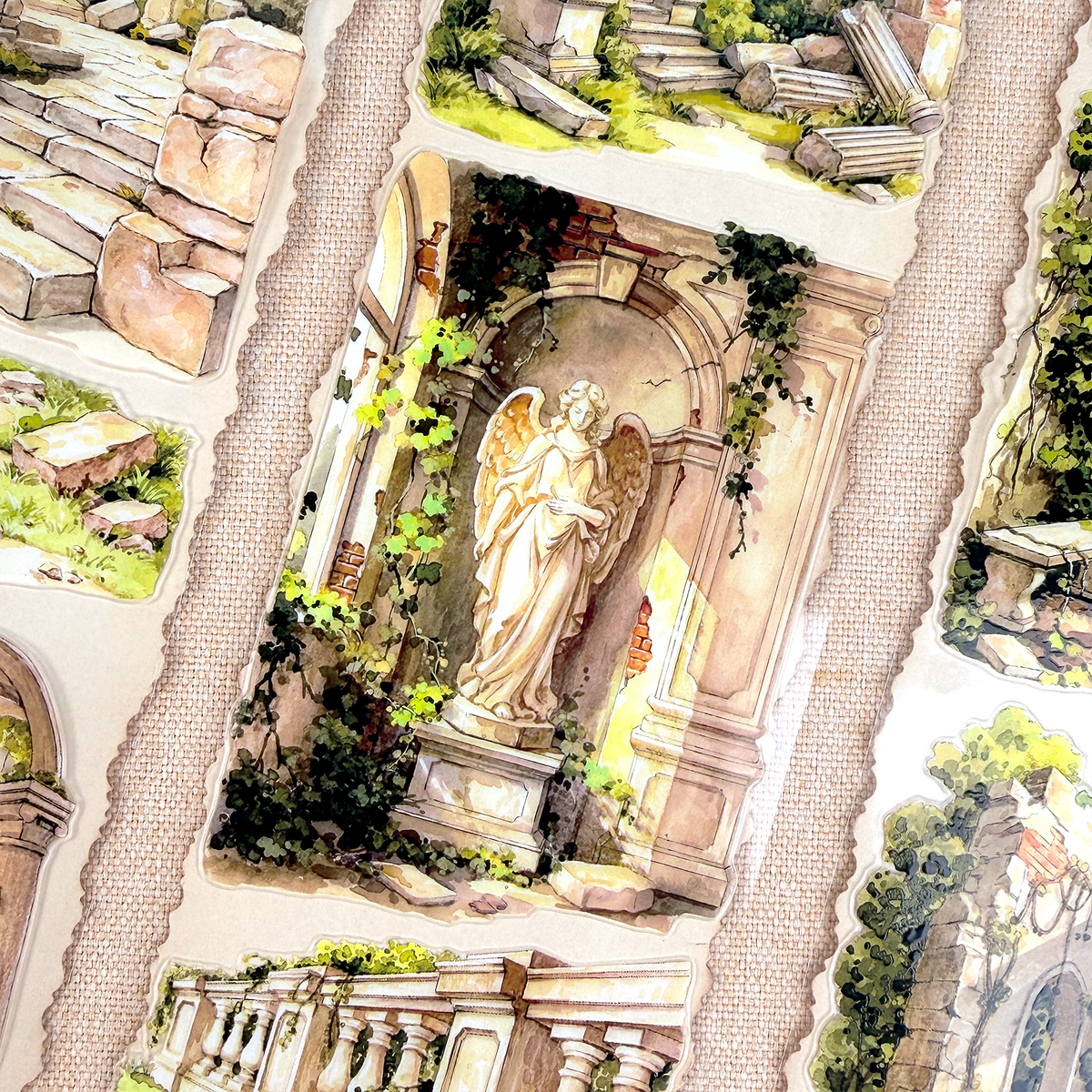 Pre-cut ancient ruins PET tape strips showing Greek and Roman-inspired architecture for journaling and scrapbooking