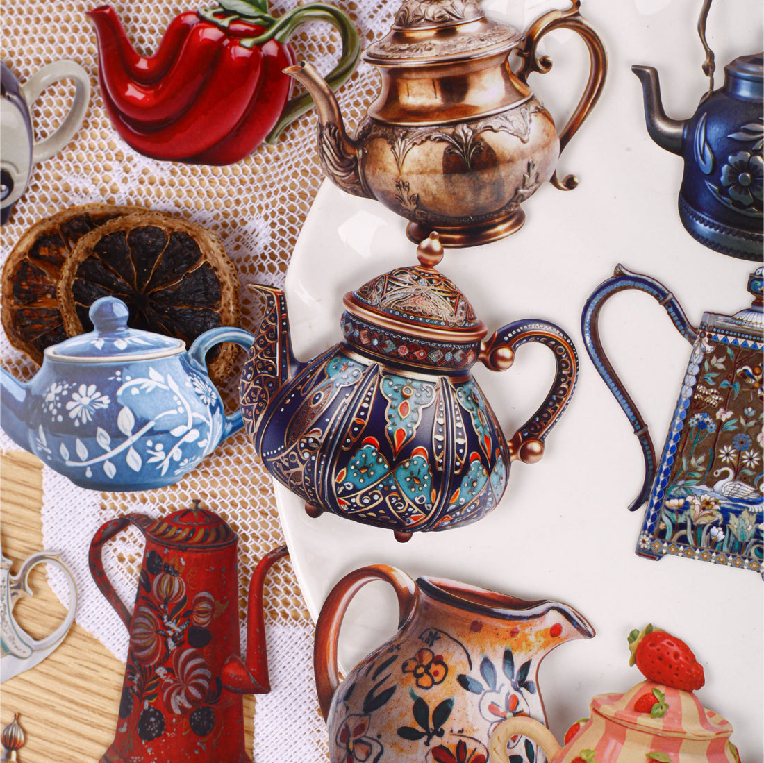 Teapot paper sticker set for tea-themed journaling and scrapbooking